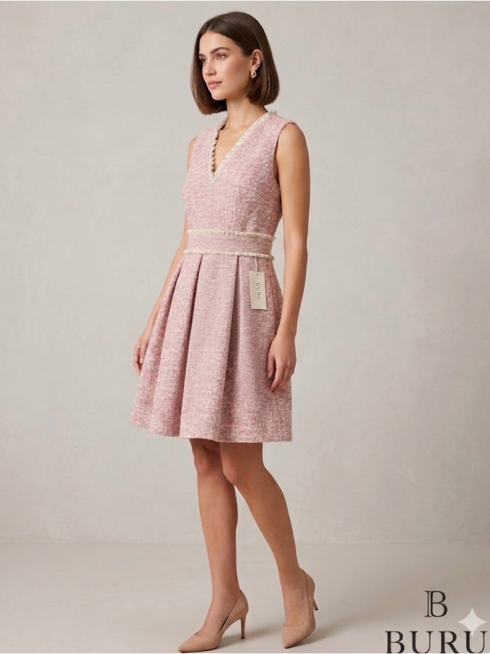 BURU Pink Tweed Sleeveless Mini Dress Fringe Trim New with tags